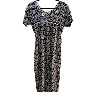 Vtg Handmade Black Tie Back Paisley Maxi Dress Resortwear Boho Coastal Grandma